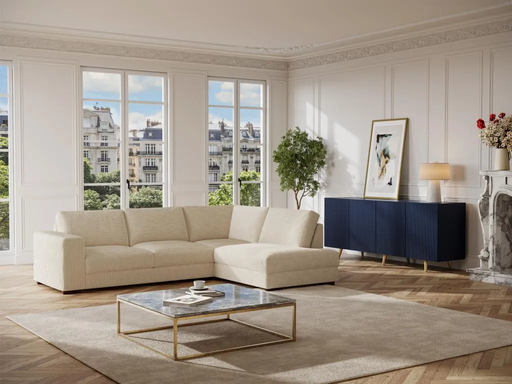 Sofá rinconera derecho de terciopelo beige acanalado Decounico