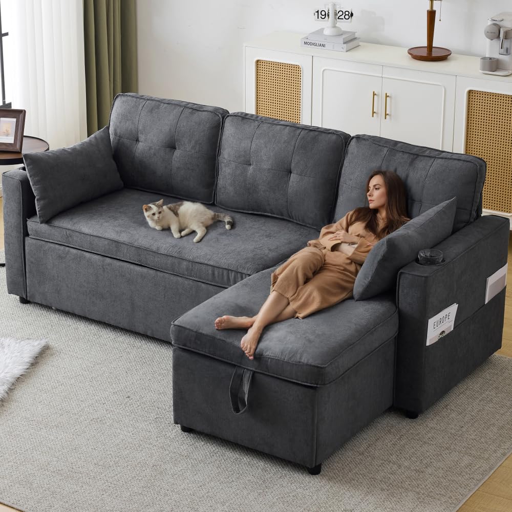 Sofá cama en L con almacenamiento y portavasos