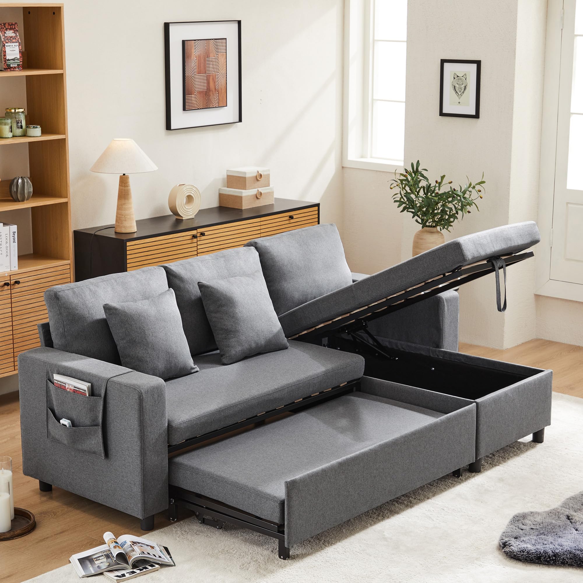 Sofá en L gris oscuro con cama y almacenamiento
