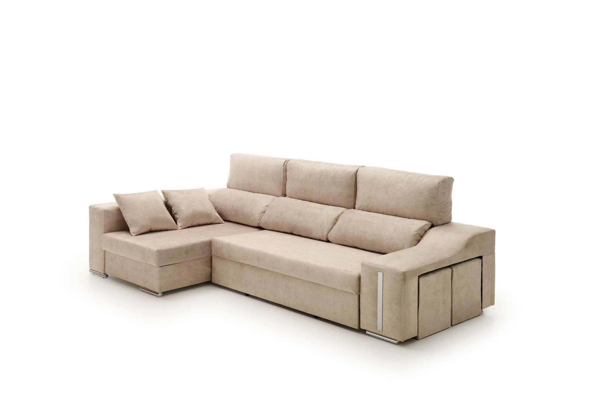 Sofá chaise longue cama con arcón y puff beige