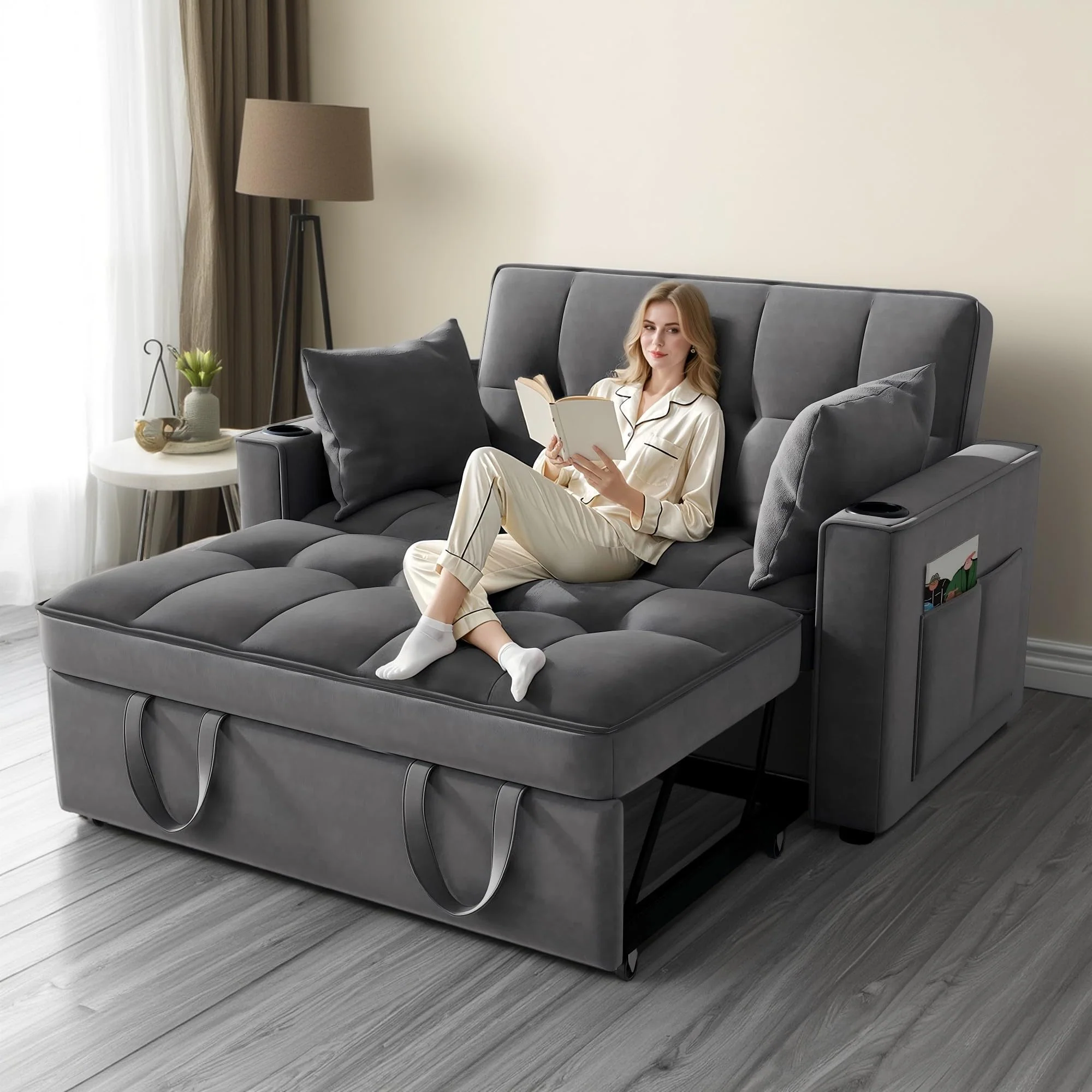 Sofá cama plegable multifuncional gris terciopelo
