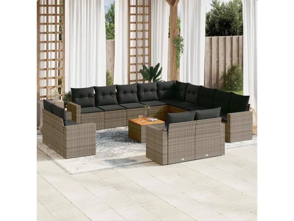 Set de sofás de jardín 14 pzas con cojines ratán sintético gris HTVA02208