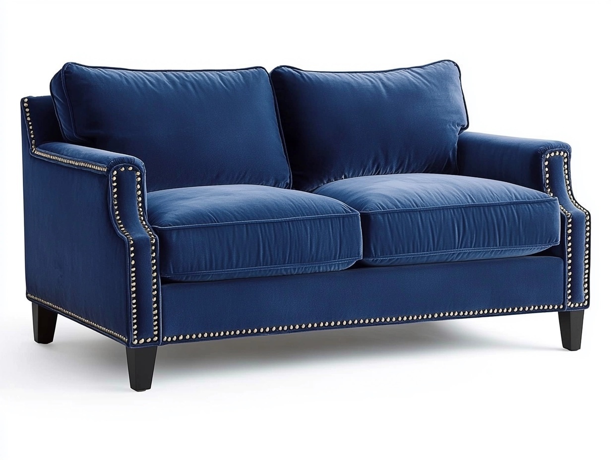 Sofá azul tapizado en terciopelo con tachuelas decorativas 150x85x80 cm