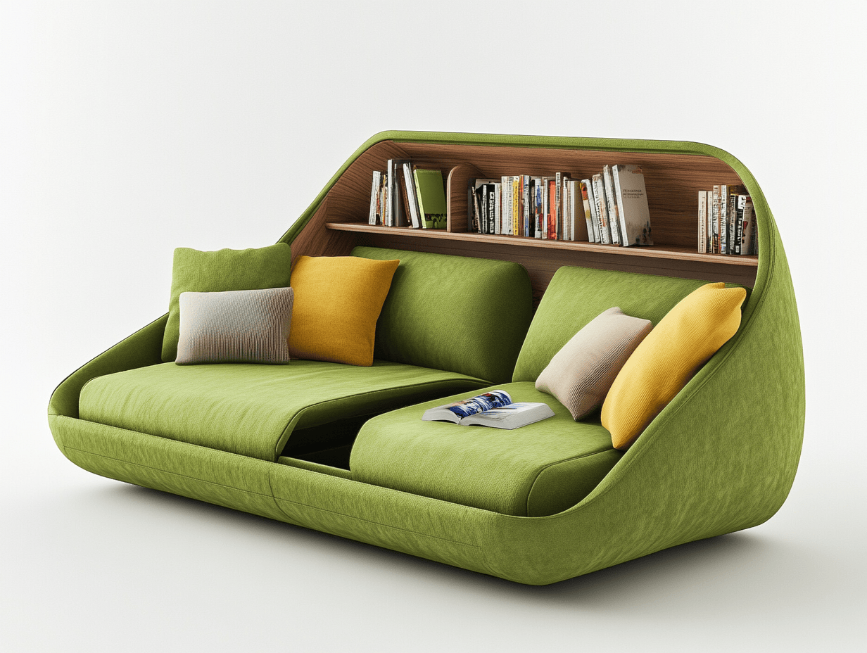 Sofá cama con estantería tejido verde madera 200x140 cm