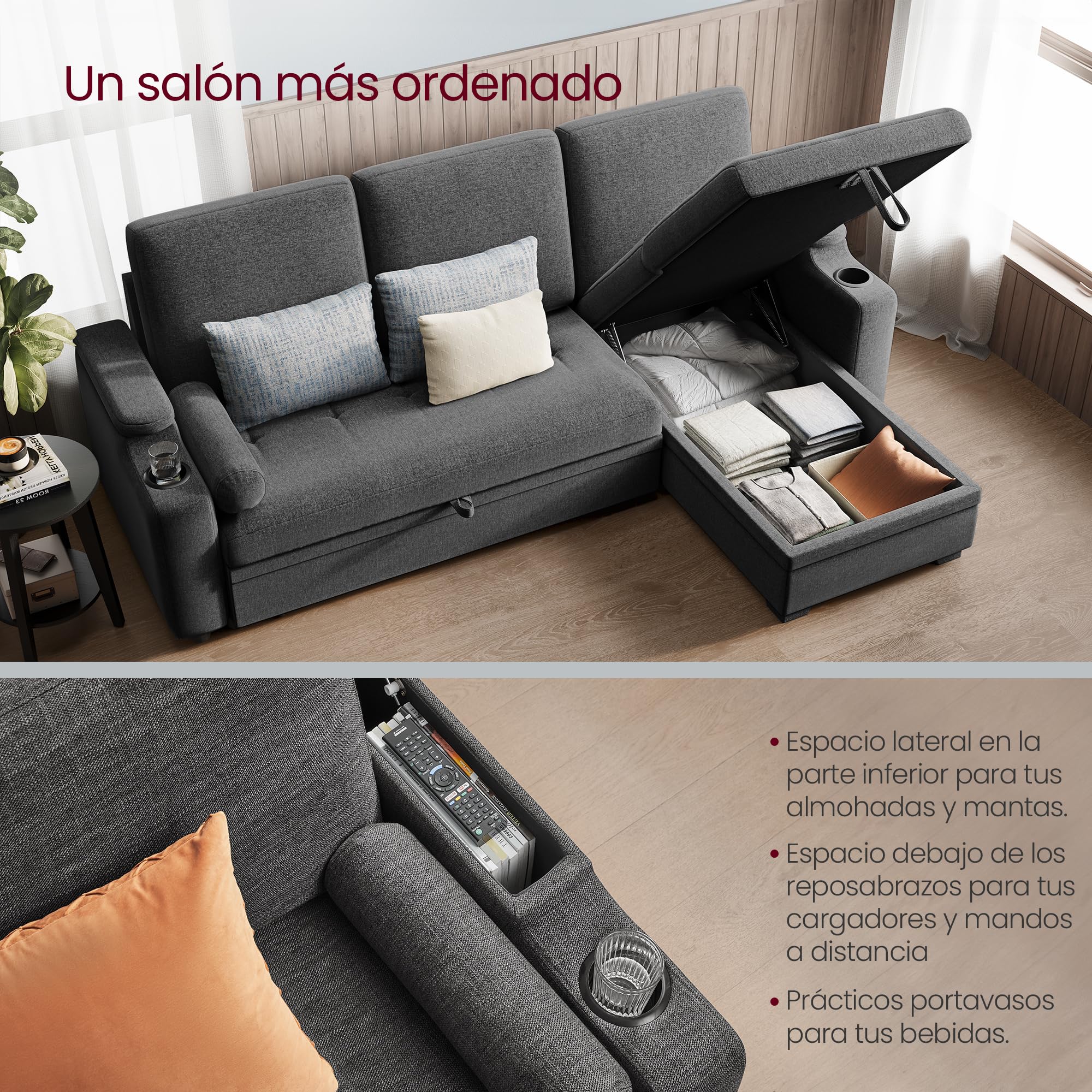 Sofá cama gris con almacenamiento Vasagle