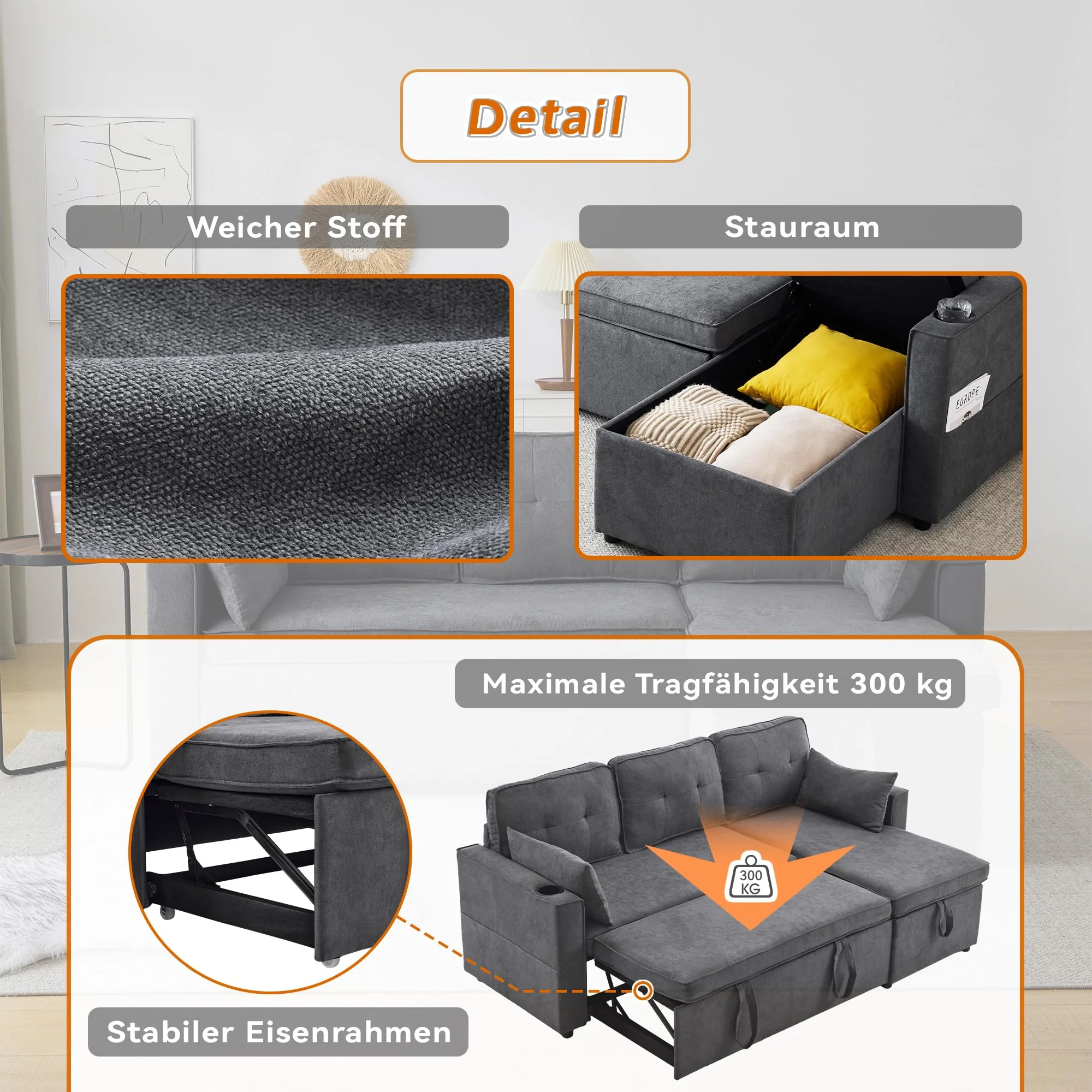 Sofá cama en L gris con almacenamiento y portavasos